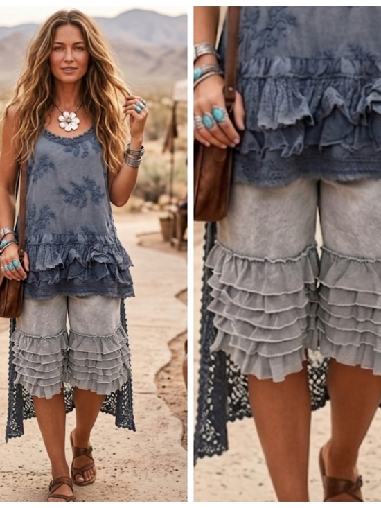 Blue Velvet Pants - Boho Ruffle Culotte Bloomer Shorts Mineral Wash